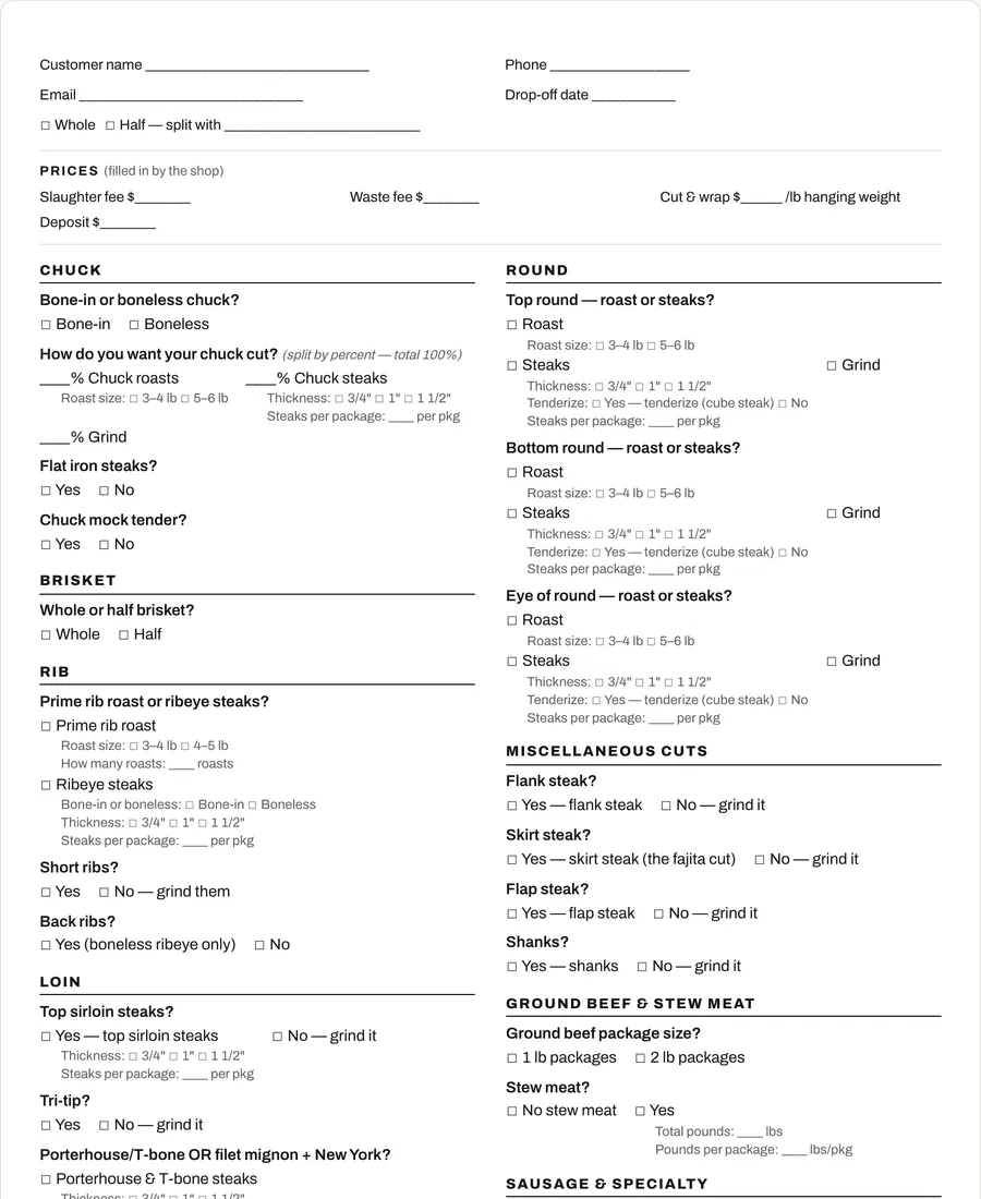 Blank printable beef cut sheet with checkboxes for chuck, brisket, rib and loin choices, roast sizes and steak thickness