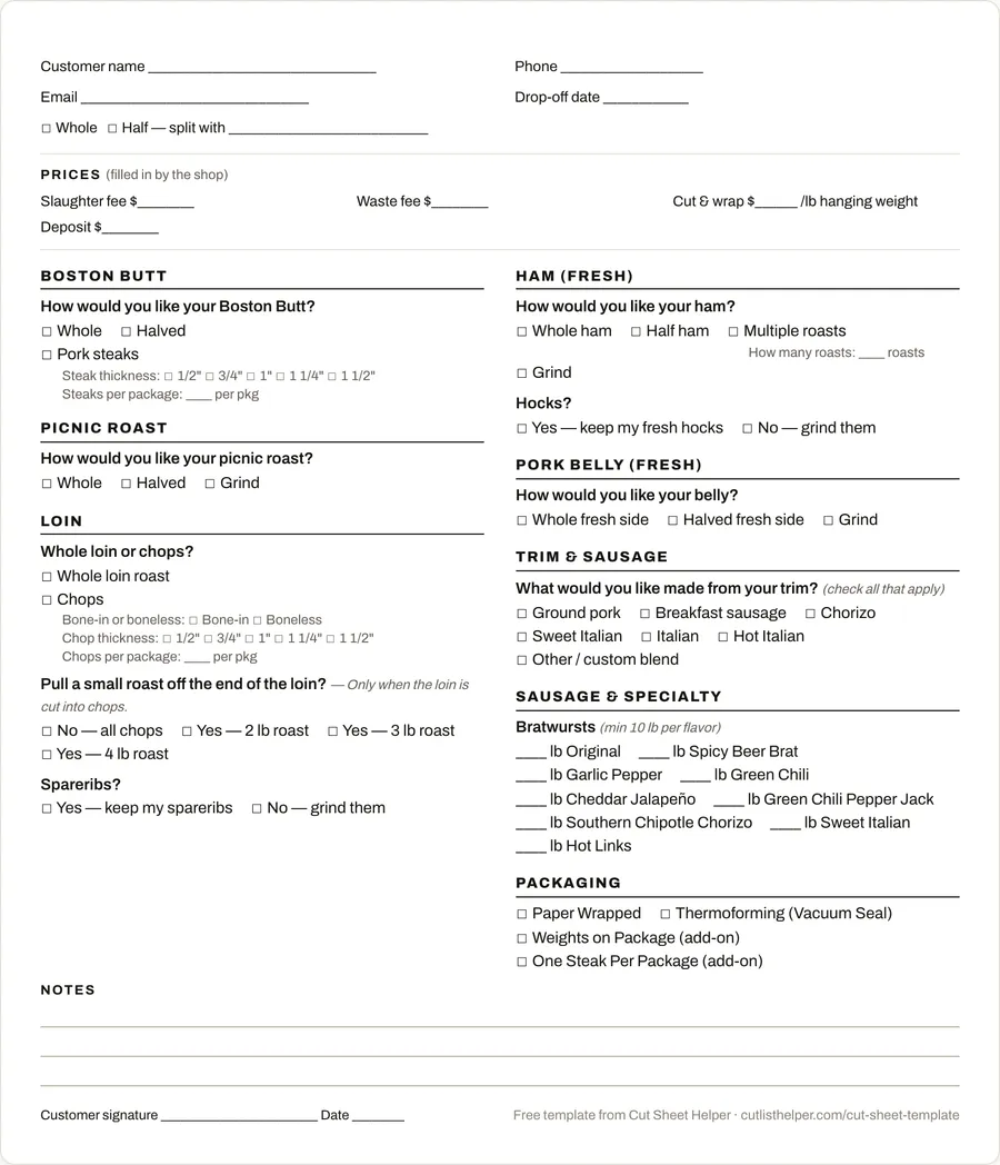 Blank printable pork cut sheet with checkboxes for Boston butt, picnic, loin and ham choices and chop thickness